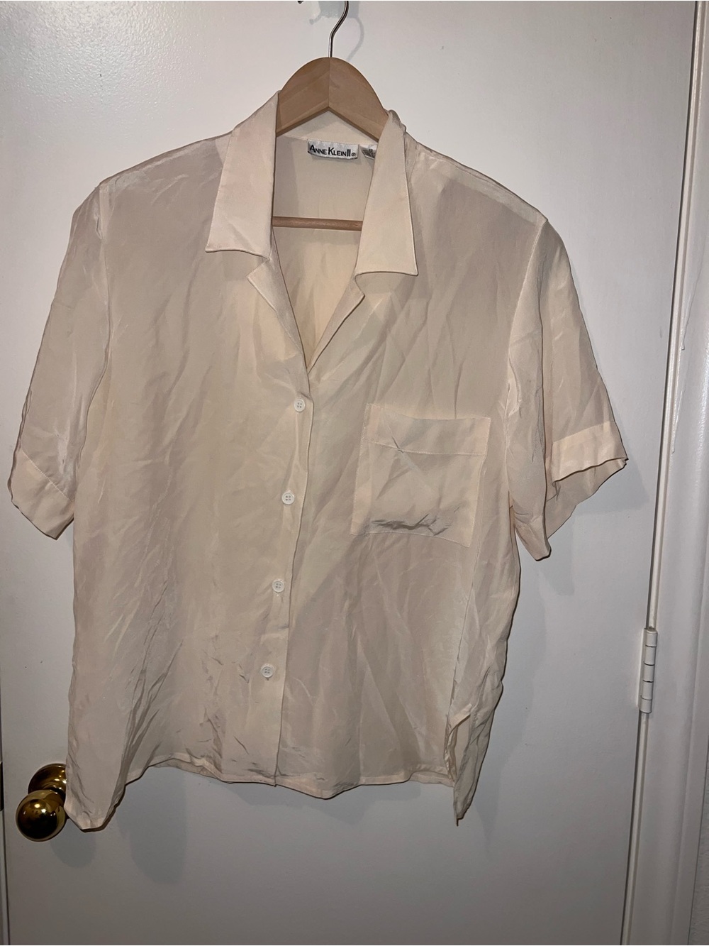 Anne Klein Beige Short-Sleeve Silk Button-Down Shirt
